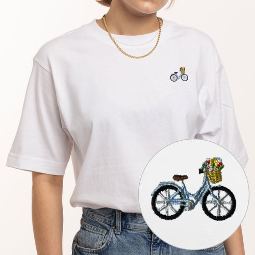 Bike With Flowers Embroidered T-Shirt (Unisex)-Embroidered Clothing, Embroidered T-Shirt, N03-fundacionaqualogy